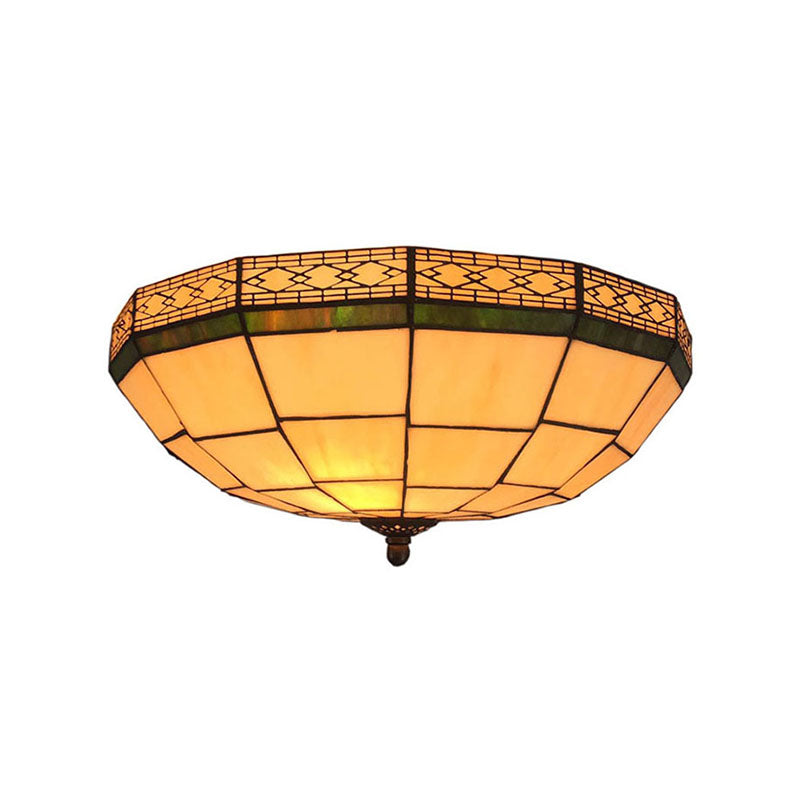 Bowl Flush Ceiling Light 8"/8.5"/10" Height Stained Glass 3 Lights Traditional Flush Lighting in Beige for Living Room Clearhalo 'Ceiling Lights' 'Close To Ceiling Lights' 'Close to ceiling' 'Flush mount' Lighting' 180110