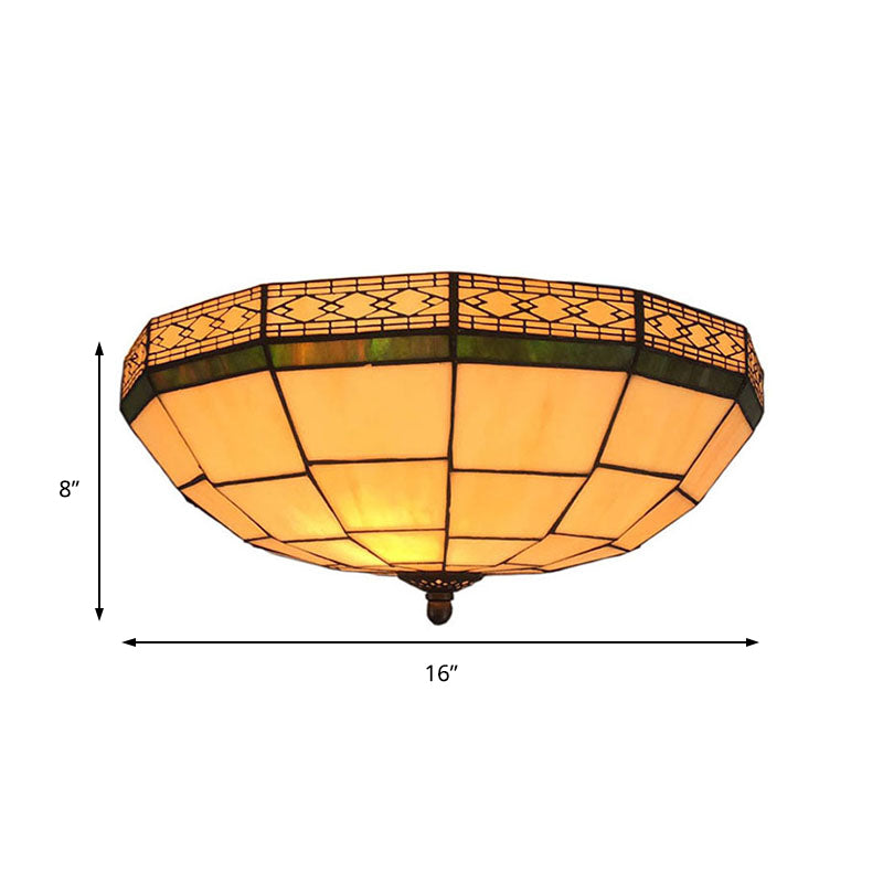 Bowl Flush Ceiling Light 8"/8.5"/10" Height Stained Glass 3 Lights Traditional Flush Lighting in Beige for Living Room Clearhalo 'Ceiling Lights' 'Close To Ceiling Lights' 'Close to ceiling' 'Flush mount' Lighting' 180111