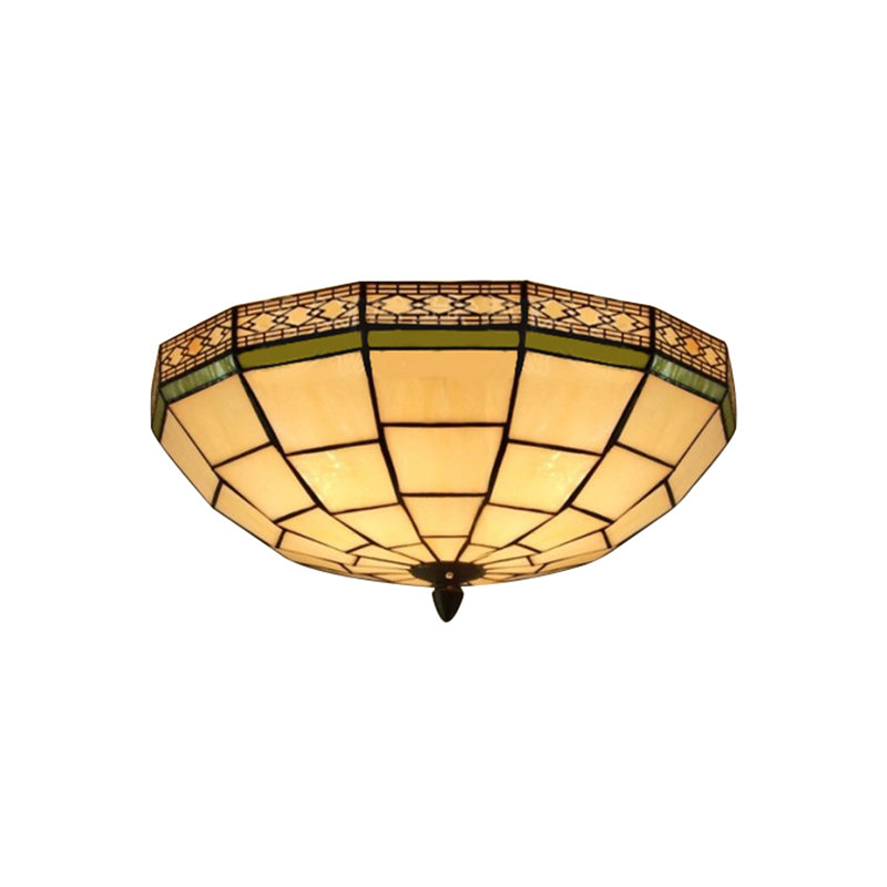 Bowl Flush Ceiling Light 8"/8.5"/10" Height Stained Glass 3 Lights Traditional Flush Lighting in Beige for Living Room Clearhalo 'Ceiling Lights' 'Close To Ceiling Lights' 'Close to ceiling' 'Flush mount' Lighting' 180114