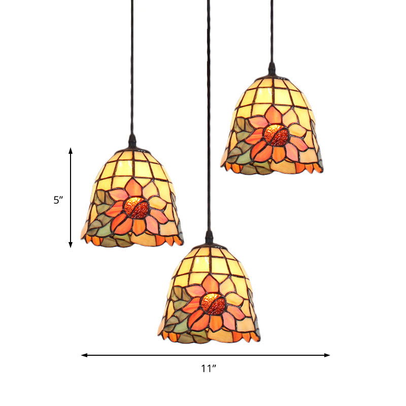 3 Heads Cluster Pendant Light Tiffany Bell Orange Handcrafted Art Glass Suspension Lighting with Linear/Round Canopy Clearhalo 'Ceiling Lights' 'Chandeliers' 'Industrial' 'Middle Century Pendants' 'Pendant Lights' 'Pendants' 'Tiffany close to ceiling' 'Tiffany Pendants' 'Tiffany' Lighting' 180175