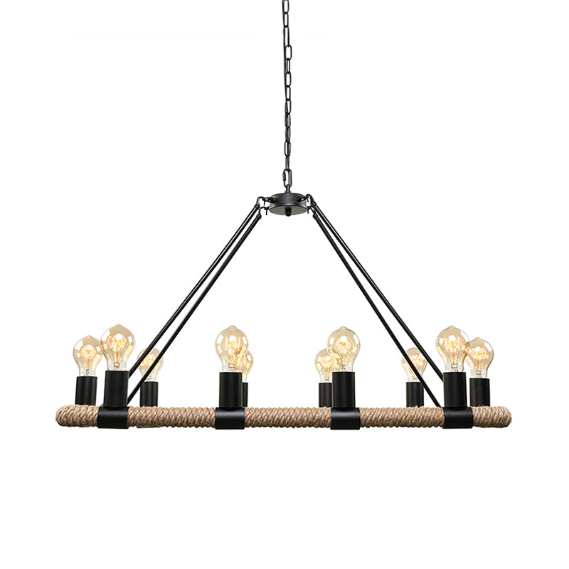 10/16 Bulbs Chandelier Lighting Loft Style Rectangular Frame Metal Pendant Lighting with Rope Detail in Black Clearhalo 'Ceiling Lights' 'Island Lights' Lighting' 180339