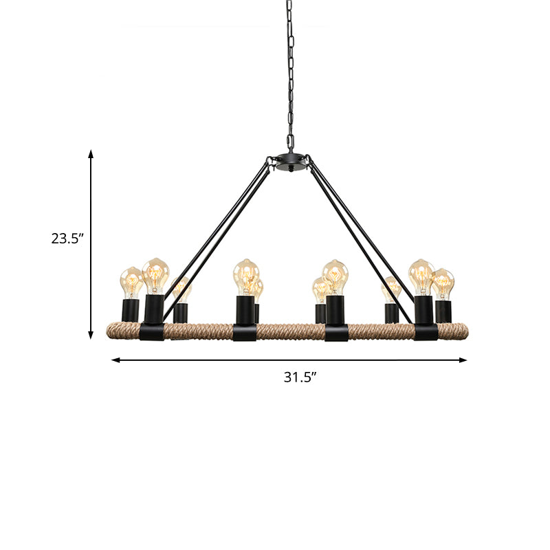 10/16 Bulbs Chandelier Lighting Loft Style Rectangular Frame Metal Pendant Lighting with Rope Detail in Black Clearhalo 'Ceiling Lights' 'Island Lights' Lighting' 180340