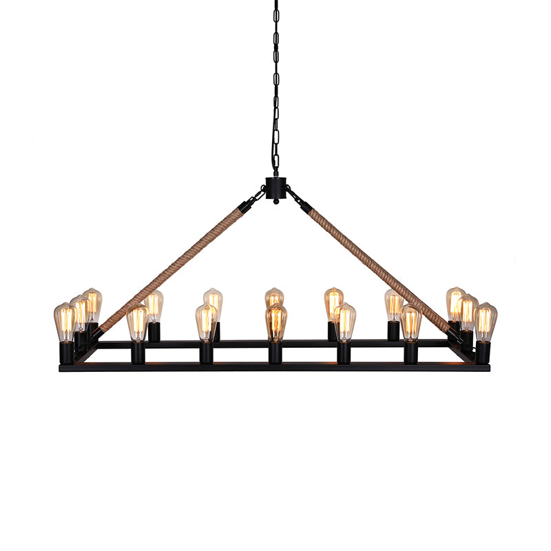 10/16 Bulbs Chandelier Lighting Loft Style Rectangular Frame Metal Pendant Lighting with Rope Detail in Black Clearhalo 'Ceiling Lights' 'Island Lights' Lighting' 180342