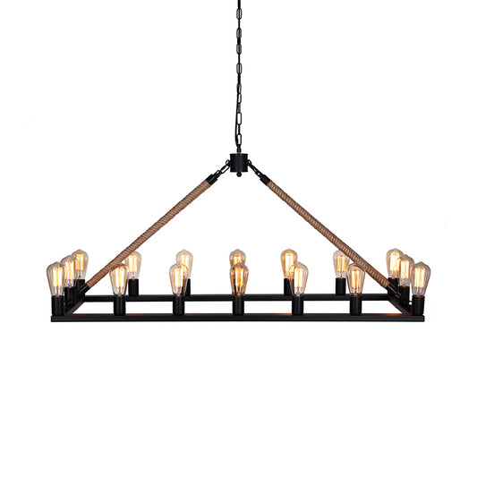 10/16 Bulbs Chandelier Lighting Loft Style Rectangular Frame Metal Pendant Lighting with Rope Detail in Black Clearhalo 'Ceiling Lights' 'Island Lights' Lighting' 180342