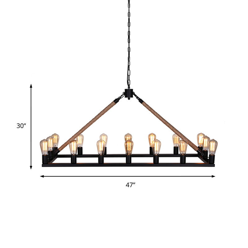 10/16 Bulbs Chandelier Lighting Loft Style Rectangular Frame Metal Pendant Lighting with Rope Detail in Black Clearhalo 'Ceiling Lights' 'Island Lights' Lighting' 180343