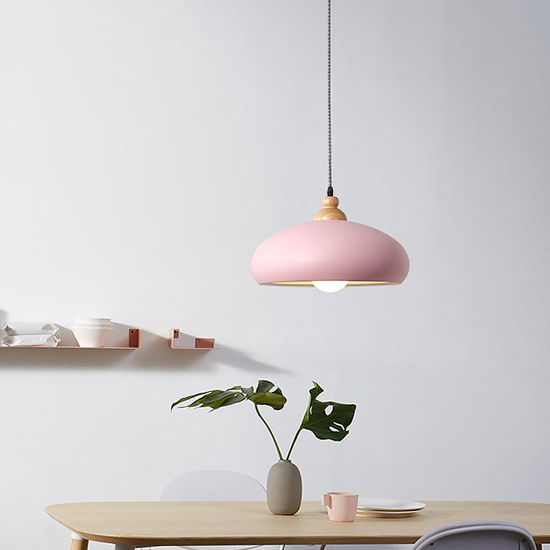 1 Head Dining Room Pendulum Light Macaron Grey/Pink/Green Suspension Lighting with Bowl Metal Shade Pink Clearhalo 'Ceiling Lights' 'Modern Pendants' 'Modern' 'Pendant Lights' 'Pendants' Lighting' 1804522