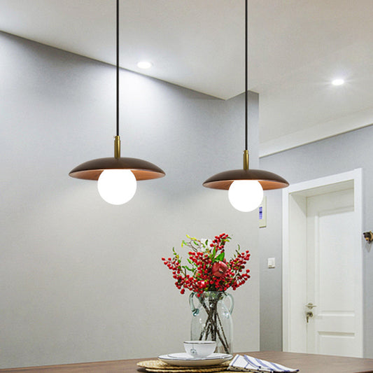 White Glass Ball/Bun Suspension Lamp Modernism 1 Light Down Lighting with Wood Saucer Top in Brown Clearhalo 'Ceiling Lights' 'Modern Pendants' 'Modern' 'Pendant Lights' 'Pendants' Lighting' 1804557