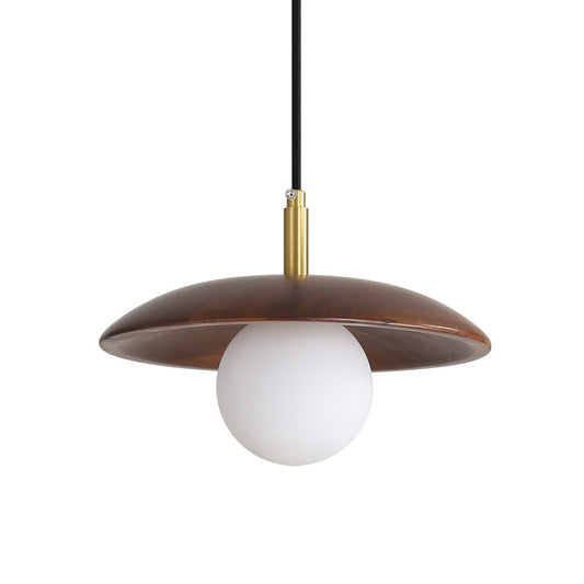 White Glass Ball/Bun Suspension Lamp Modernism 1 Light Down Lighting with Wood Saucer Top in Brown Brown A Clearhalo 'Ceiling Lights' 'Modern Pendants' 'Modern' 'Pendant Lights' 'Pendants' Lighting' 1804558