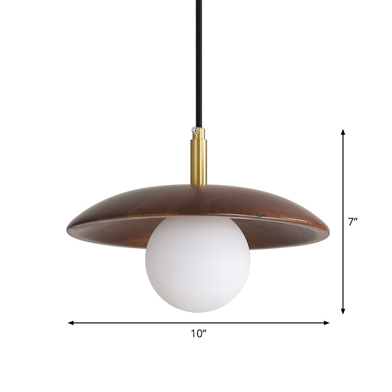 White Glass Ball/Bun Suspension Lamp Modernism 1 Light Down Lighting with Wood Saucer Top in Brown Clearhalo 'Ceiling Lights' 'Modern Pendants' 'Modern' 'Pendant Lights' 'Pendants' Lighting' 1804559