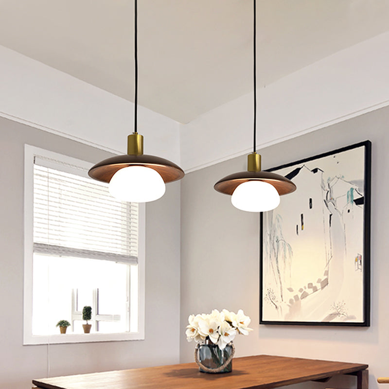 White Glass Ball/Bun Suspension Lamp Modernism 1 Light Down Lighting with Wood Saucer Top in Brown Clearhalo 'Ceiling Lights' 'Modern Pendants' 'Modern' 'Pendant Lights' 'Pendants' Lighting' 1804561