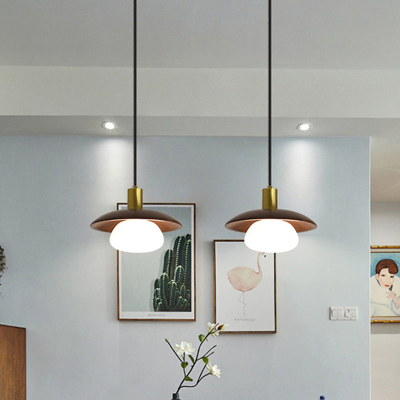 White Glass Ball/Bun Suspension Lamp Modernism 1 Light Down Lighting with Wood Saucer Top in Brown Clearhalo 'Ceiling Lights' 'Modern Pendants' 'Modern' 'Pendant Lights' 'Pendants' Lighting' 1804562