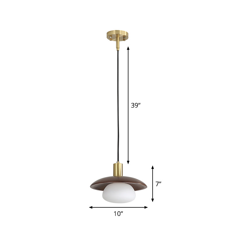 White Glass Ball/Bun Suspension Lamp Modernism 1 Light Down Lighting with Wood Saucer Top in Brown Clearhalo 'Ceiling Lights' 'Modern Pendants' 'Modern' 'Pendant Lights' 'Pendants' Lighting' 1804564