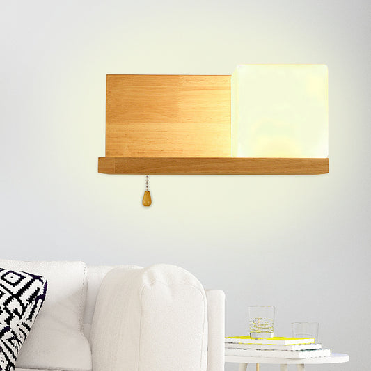 Simple Cubic Wall Sconce Light Opaque Glass 1 Bulb Living Room Wall Lamp with Oblong Wood Backplate in Beige Beige Clearhalo 'Modern wall lights' 'Modern' 'Wall Lamps & Sconces' 'Wall Lights' Lighting' 1804620