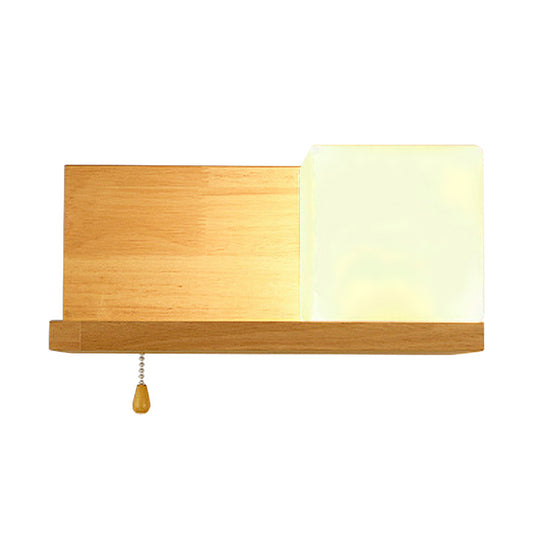 Simple Cubic Wall Sconce Light Opaque Glass 1 Bulb Living Room Wall Lamp with Oblong Wood Backplate in Beige Clearhalo 'Modern wall lights' 'Modern' 'Wall Lamps & Sconces' 'Wall Lights' Lighting' 1804621