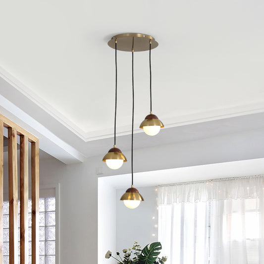 Metal Dome Multiple Lamp Pendant Simplicity 3-Bulb 12"/23.5" Width Brass Hanging Light Kit with Ball Opal Glass Shade Brass 12" Clearhalo 'Ceiling Lights' 'Modern Pendants' 'Modern' 'Pendant Lights' 'Pendants' Lighting' 1804624