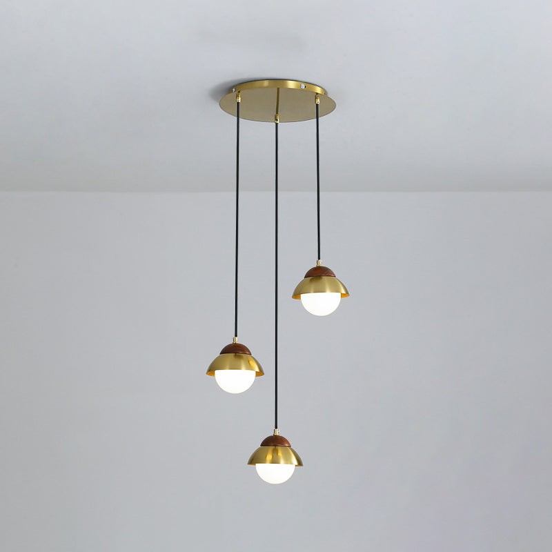 Metal Dome Multiple Lamp Pendant Simplicity 3-Bulb 12"/23.5" Width Brass Hanging Light Kit with Ball Opal Glass Shade Clearhalo 'Ceiling Lights' 'Modern Pendants' 'Modern' 'Pendant Lights' 'Pendants' Lighting' 1804625