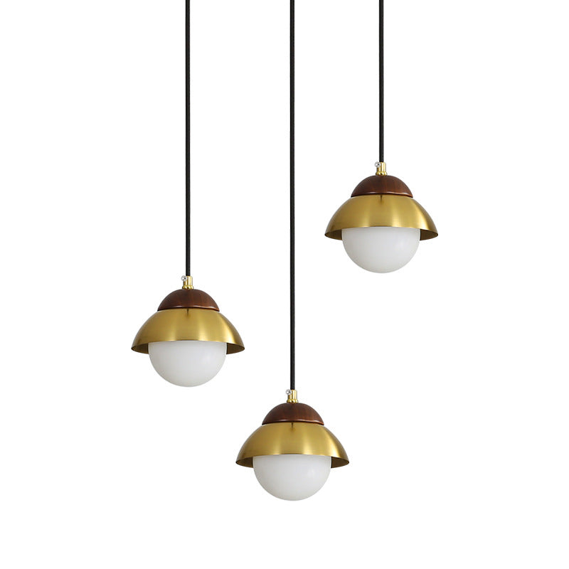 Metal Dome Multiple Lamp Pendant Simplicity 3-Bulb 12"/23.5" Width Brass Hanging Light Kit with Ball Opal Glass Shade Clearhalo 'Ceiling Lights' 'Modern Pendants' 'Modern' 'Pendant Lights' 'Pendants' Lighting' 1804626