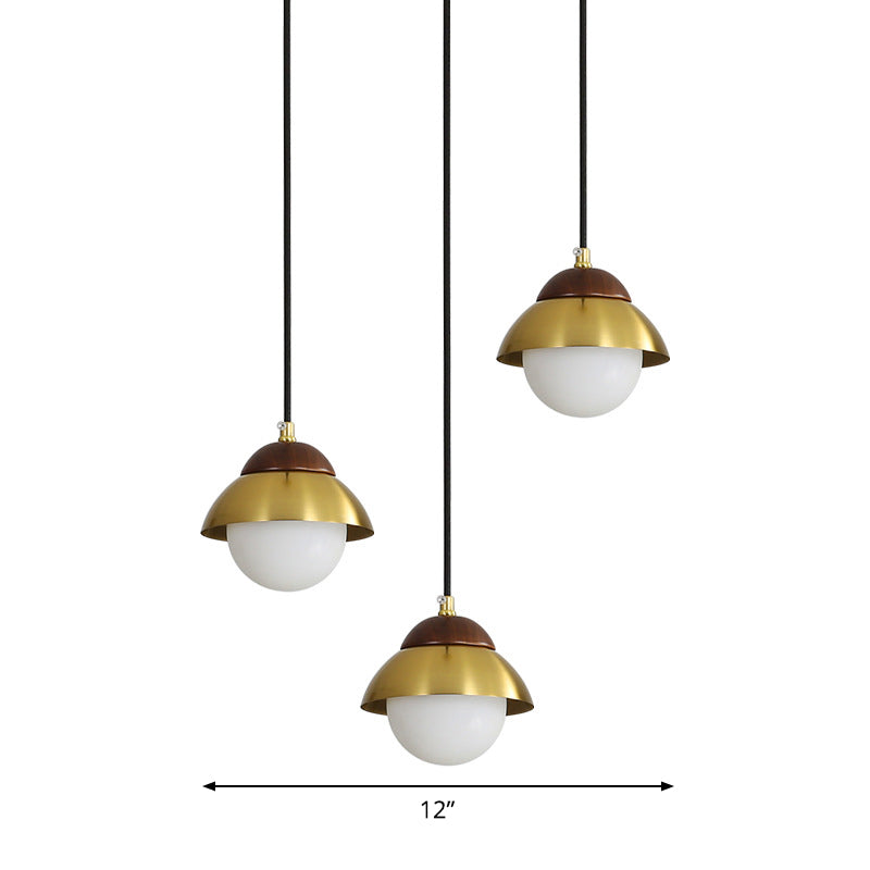 Metal Dome Multiple Lamp Pendant Simplicity 3-Bulb 12"/23.5" Width Brass Hanging Light Kit with Ball Opal Glass Shade Clearhalo 'Ceiling Lights' 'Modern Pendants' 'Modern' 'Pendant Lights' 'Pendants' Lighting' 1804627