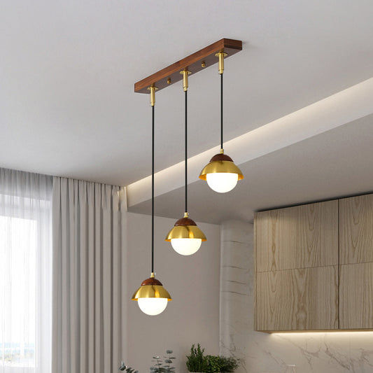 Metal Dome Multiple Lamp Pendant Simplicity 3-Bulb 12"/23.5" Width Brass Hanging Light Kit with Ball Opal Glass Shade Brass 23.5" Clearhalo 'Ceiling Lights' 'Modern Pendants' 'Modern' 'Pendant Lights' 'Pendants' Lighting' 1804628