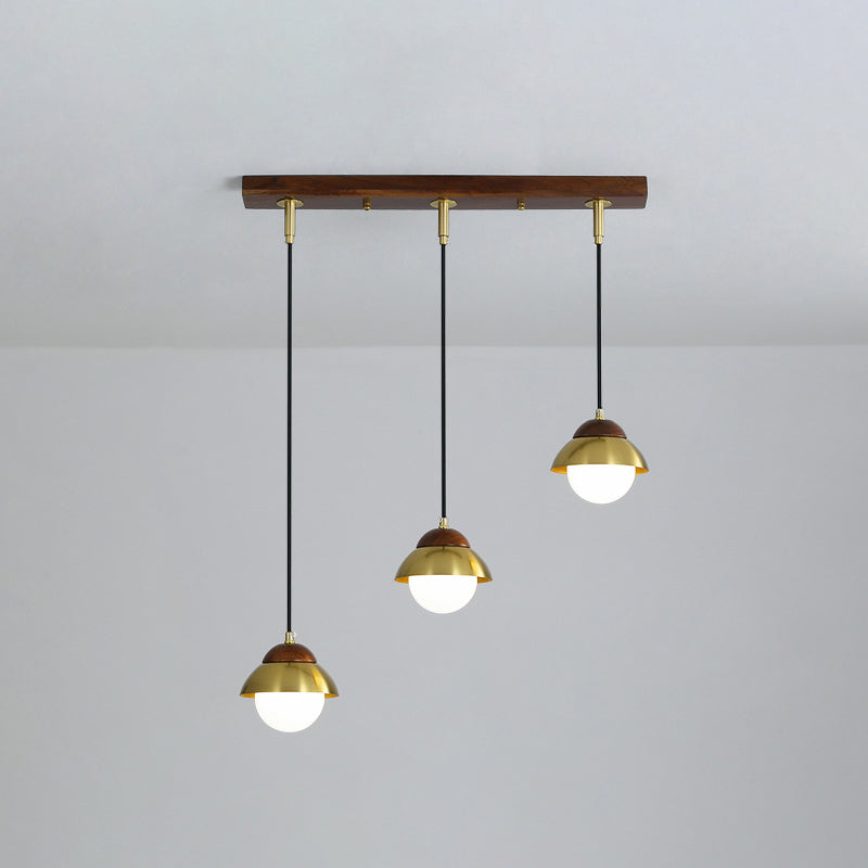 Metal Dome Multiple Lamp Pendant Simplicity 3-Bulb 12"/23.5" Width Brass Hanging Light Kit with Ball Opal Glass Shade Clearhalo 'Ceiling Lights' 'Modern Pendants' 'Modern' 'Pendant Lights' 'Pendants' Lighting' 1804630