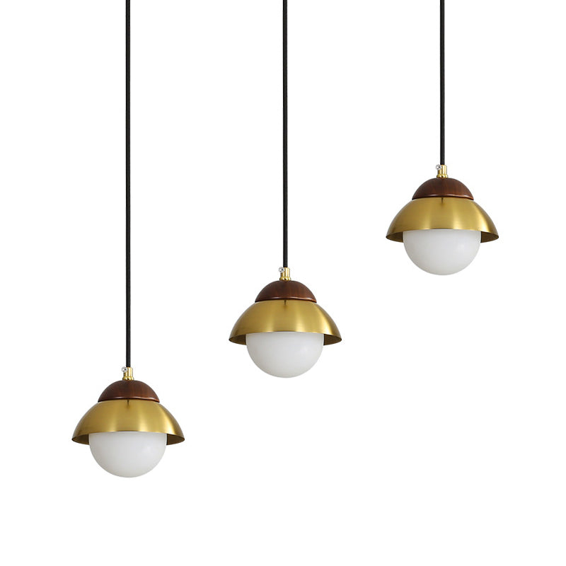 Metal Dome Multiple Lamp Pendant Simplicity 3-Bulb 12"/23.5" Width Brass Hanging Light Kit with Ball Opal Glass Shade Clearhalo 'Ceiling Lights' 'Modern Pendants' 'Modern' 'Pendant Lights' 'Pendants' Lighting' 1804631