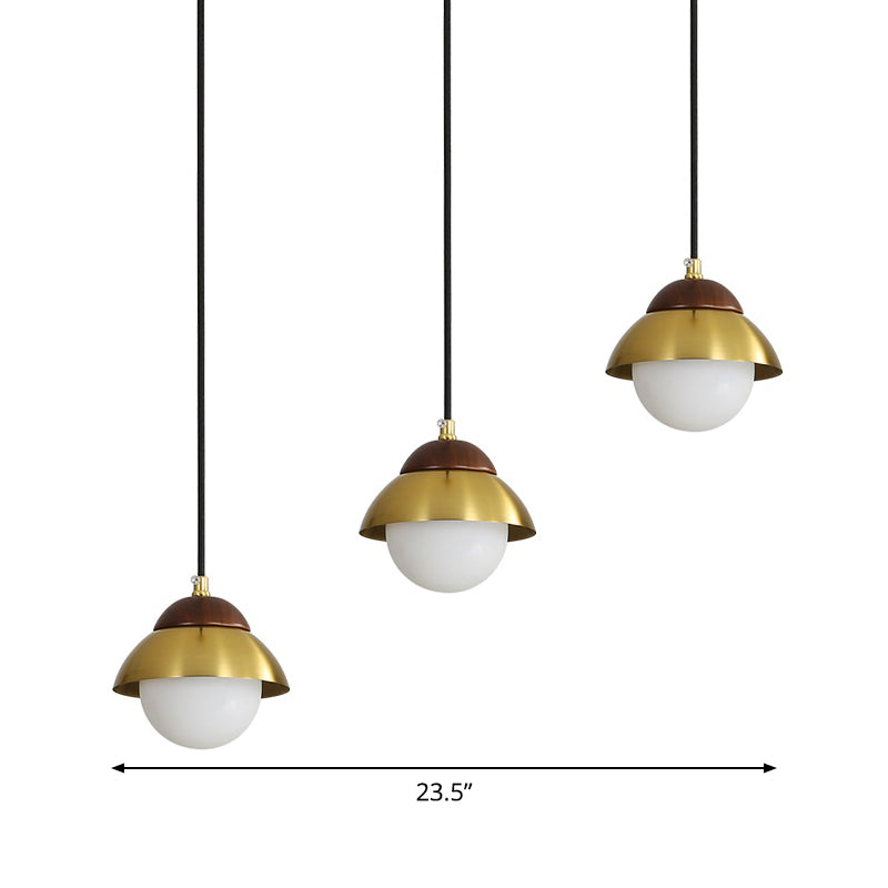 Metal Dome Multiple Lamp Pendant Simplicity 3-Bulb 12"/23.5" Width Brass Hanging Light Kit with Ball Opal Glass Shade Clearhalo 'Ceiling Lights' 'Modern Pendants' 'Modern' 'Pendant Lights' 'Pendants' Lighting' 1804632