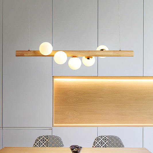 Stick Pendant Light Kit Modernism Wood 5 Heads Dining Room Island Lighting Ideas in Beige Clearhalo 'Ceiling Lights' 'Island Lights' Lighting' 1804634