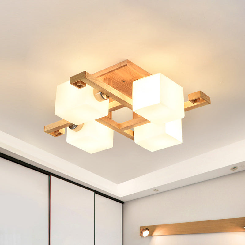 Modernism 4/5 Heads Ceiling Lighting Beige Cubic Semi Flush Mount Lamp with Opaline Glass Shade 4 Wood Clearhalo 'Ceiling Lights' 'Close To Ceiling Lights' 'Close to ceiling' 'Glass shade' 'Glass' 'Semi-flushmount' Lighting' 1804827