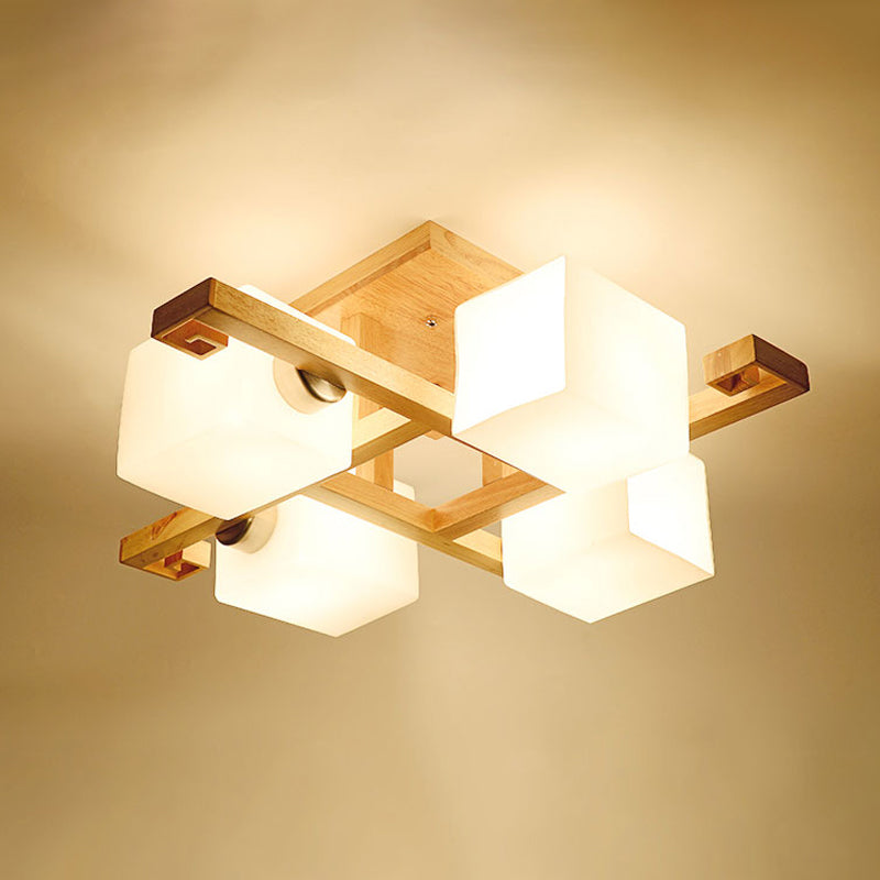 Modernism 4/5 Heads Ceiling Lighting Beige Cubic Semi Flush Mount Lamp with Opaline Glass Shade Clearhalo 'Ceiling Lights' 'Close To Ceiling Lights' 'Close to ceiling' 'Glass shade' 'Glass' 'Semi-flushmount' Lighting' 1804829