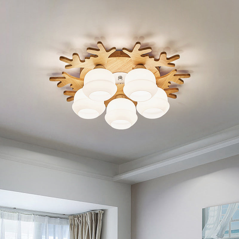 Jar White Glass Flush Lamp Fixture Modern 5/7 Bulbs Beige Ceiling Mounted Fixture with Wood Antler Design 5 Beige Clearhalo 'Ceiling Lights' 'Close To Ceiling Lights' 'Close to ceiling' 'Flush mount' Lighting' 1804926