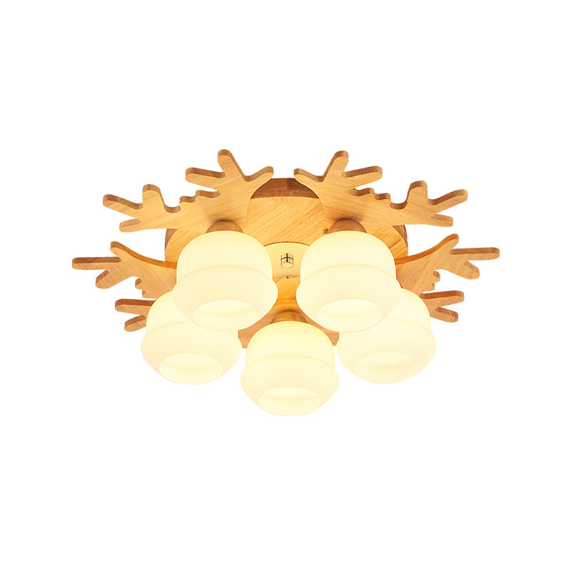 Jar White Glass Flush Lamp Fixture Modern 5/7 Bulbs Beige Ceiling Mounted Fixture with Wood Antler Design Clearhalo 'Ceiling Lights' 'Close To Ceiling Lights' 'Close to ceiling' 'Flush mount' Lighting' 1804927