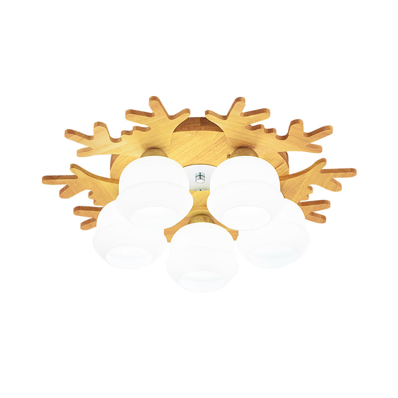 Jar White Glass Flush Lamp Fixture Modern 5/7 Bulbs Beige Ceiling Mounted Fixture with Wood Antler Design Clearhalo 'Ceiling Lights' 'Close To Ceiling Lights' 'Close to ceiling' 'Flush mount' Lighting' 1804928