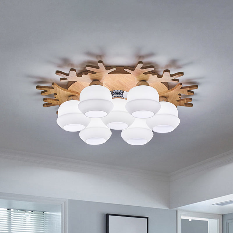 Jar White Glass Flush Lamp Fixture Modern 5/7 Bulbs Beige Ceiling Mounted Fixture with Wood Antler Design 7 Beige Clearhalo 'Ceiling Lights' 'Close To Ceiling Lights' 'Close to ceiling' 'Flush mount' Lighting' 1804930