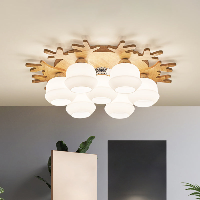 Jar White Glass Flush Lamp Fixture Modern 5/7 Bulbs Beige Ceiling Mounted Fixture with Wood Antler Design Clearhalo 'Ceiling Lights' 'Close To Ceiling Lights' 'Close to ceiling' 'Flush mount' Lighting' 1804931