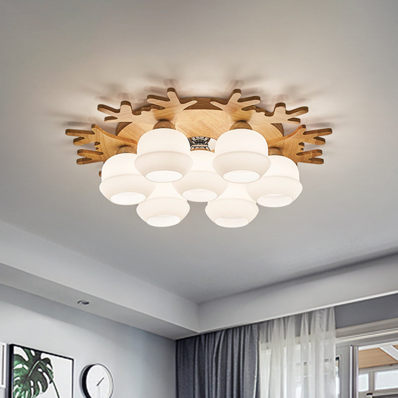 Jar White Glass Flush Lamp Fixture Modern 5/7 Bulbs Beige Ceiling Mounted Fixture with Wood Antler Design Clearhalo 'Ceiling Lights' 'Close To Ceiling Lights' 'Close to ceiling' 'Flush mount' Lighting' 1804932