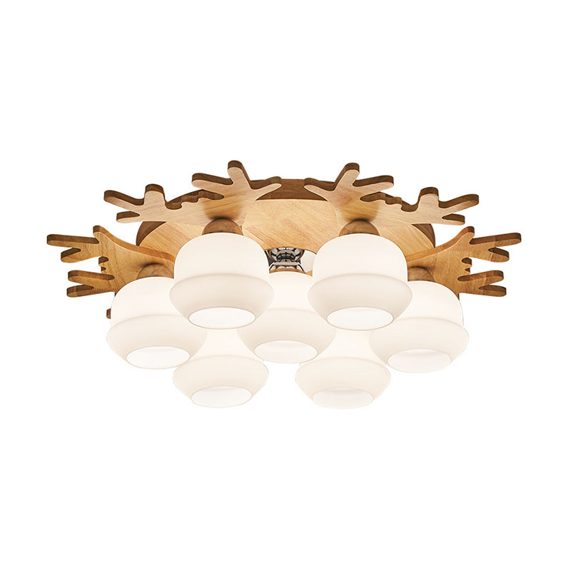 Jar White Glass Flush Lamp Fixture Modern 5/7 Bulbs Beige Ceiling Mounted Fixture with Wood Antler Design Clearhalo 'Ceiling Lights' 'Close To Ceiling Lights' 'Close to ceiling' 'Flush mount' Lighting' 1804933