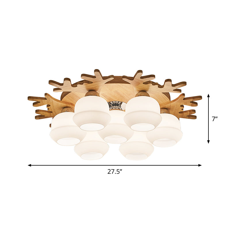 Jar White Glass Flush Lamp Fixture Modern 5/7 Bulbs Beige Ceiling Mounted Fixture with Wood Antler Design Clearhalo 'Ceiling Lights' 'Close To Ceiling Lights' 'Close to ceiling' 'Flush mount' Lighting' 1804934