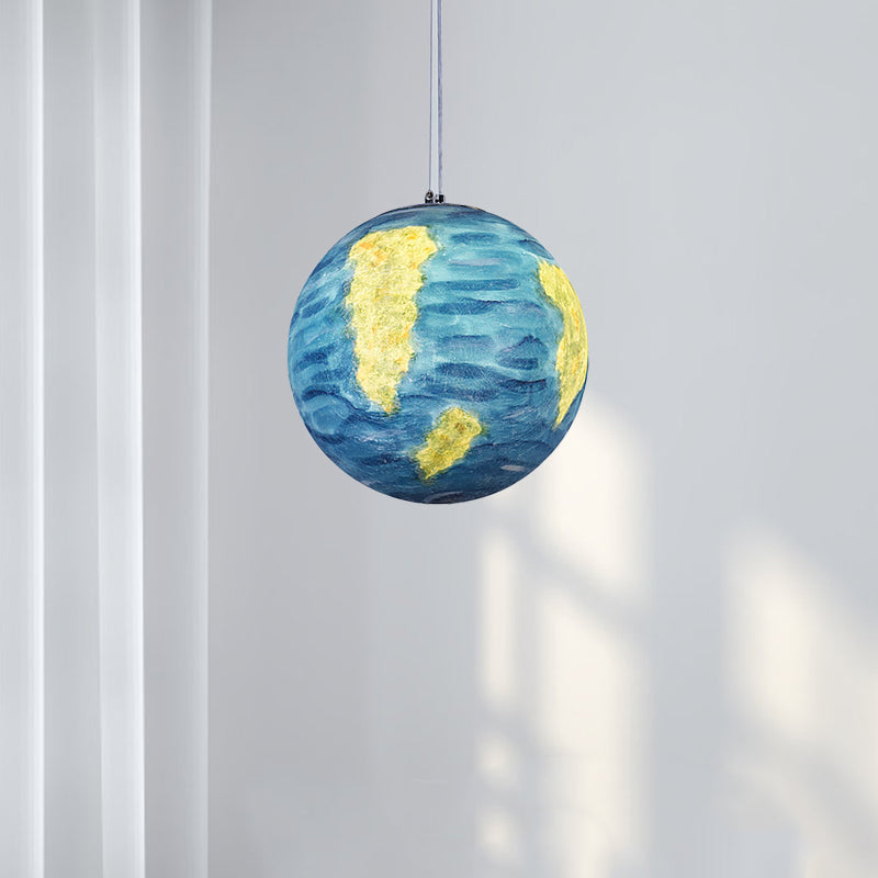 1 Light Dining Room Pendant Lamp Creative Yellow/Orange/Blue Suspended Lighting Fixture with Planet Resin Shade Blue Clearhalo 'Ceiling Lights' 'Pendant Lights' 'Pendants' Lighting' 1804944_8e6f85b1-d825-4db9-8b11-81e38721d9b4