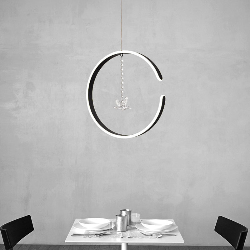 Metal C-Shape Suspension Lighting Minimalism Black/White LED Hanging Lamp Kit with Dangling Crystal Bird in Warm/White Light Black White Clearhalo 'Ceiling Lights' 'Modern Pendants' 'Modern' 'Pendant Lights' 'Pendants' Lighting' 1805072