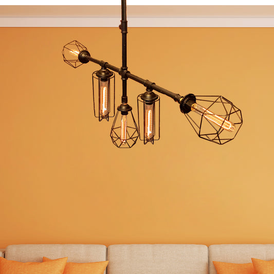 Metallic Pipe Chandelier Lighting Rustic Style 5 Lights Bedroom Ceiling Fixture with Cage Shade in Black Black Clearhalo 'Cast Iron' 'Ceiling Lights' 'Chandeliers' 'Industrial Chandeliers' 'Industrial' 'Metal' 'Middle Century Chandeliers' 'Rustic Chandeliers' 'Tiffany' Lighting' 180507