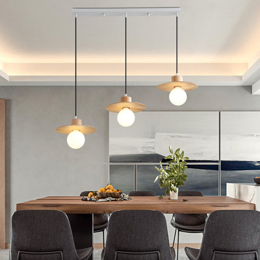 Modernism Disk Hanging Lamp Kit Wood 3-Head Dining Room Multiple Ceiling Light in Beige Beige Clearhalo 'Ceiling Lights' 'Modern Pendants' 'Modern' 'Pendant Lights' 'Pendants' Lighting' 1805187