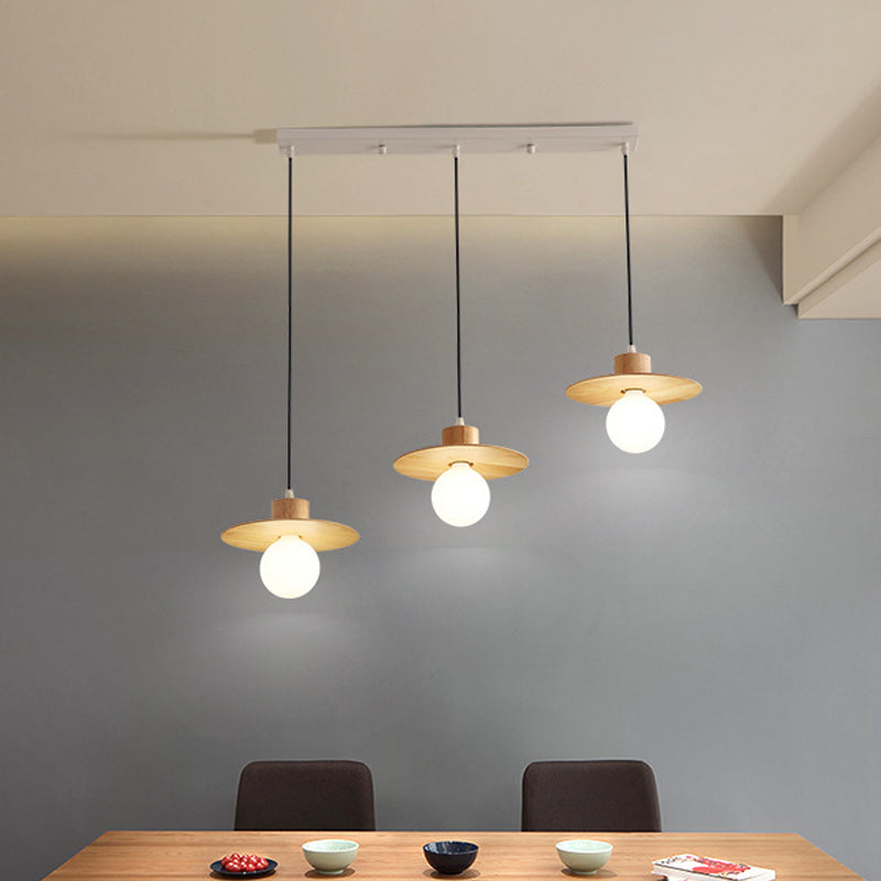 Modernism Disk Hanging Lamp Kit Wood 3-Head Dining Room Multiple Ceiling Light in Beige Clearhalo 'Ceiling Lights' 'Modern Pendants' 'Modern' 'Pendant Lights' 'Pendants' Lighting' 1805188