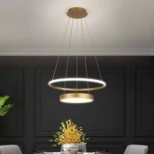 2-Tier Ring Metallic Drop Lamp Minimalist LED Gold Chandelier Lighting Fixture in Warm/White Light Gold Clearhalo 'Ceiling Lights' 'Chandeliers' 'Modern Chandeliers' 'Modern' Lighting' 1805191