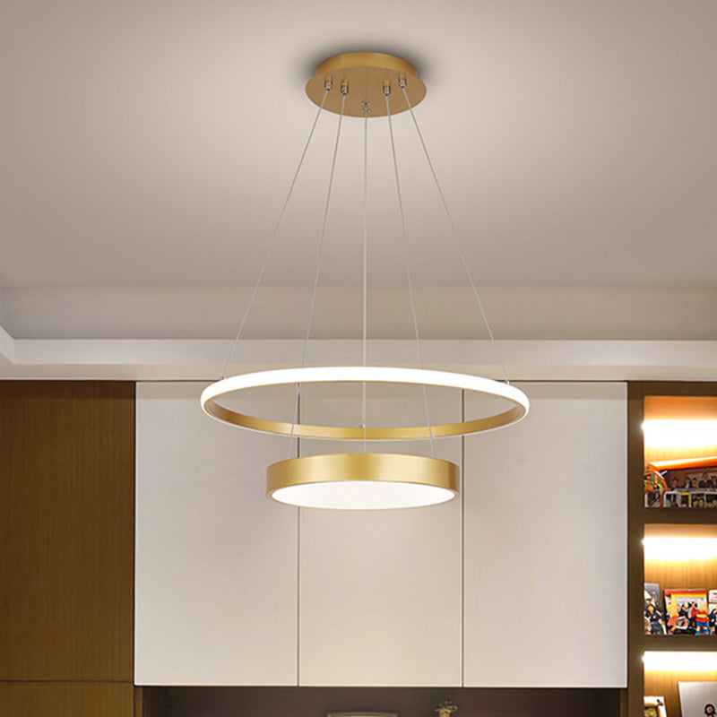 2-Tier Ring Metallic Drop Lamp Minimalist LED Gold Chandelier Lighting Fixture in Warm/White Light Clearhalo 'Ceiling Lights' 'Chandeliers' 'Modern Chandeliers' 'Modern' Lighting' 1805193