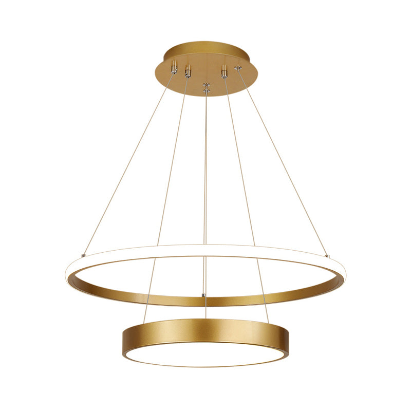2-Tier Ring Metallic Drop Lamp Minimalist LED Gold Chandelier Lighting Fixture in Warm/White Light Clearhalo 'Ceiling Lights' 'Chandeliers' 'Modern Chandeliers' 'Modern' Lighting' 1805194