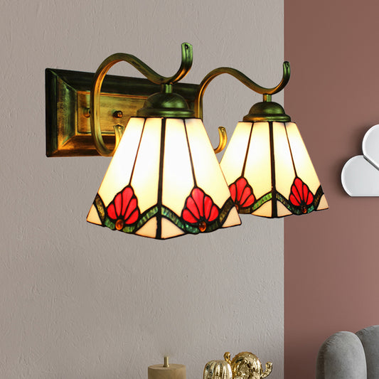 Craftsman Pyramid Wall Sconce Stained Glass 2 Lights Art Deco Wall Lighting with Rectangle Backplate for Bathroom Red Clearhalo 'Industrial' 'Middle century wall lights' 'Tiffany wall lights' 'Tiffany' 'Wall Lamps & Sconces' 'Wall Lights' Lighting' 180535