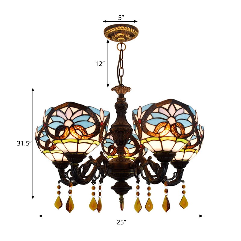 5 Heads Bowl Hanging Light Tiffany Style Stained Glass Chandelier Light with Crystal in Blue for Living Room Clearhalo 'Ceiling Lights' 'Chandeliers' 'Close To Ceiling Lights' 'Industrial' 'Middle Century Chandeliers' 'Tiffany Chandeliers' 'Tiffany close to ceiling' 'Tiffany' Lighting' 180602