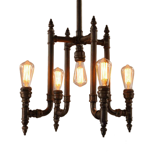 Metal Dark Rust Hanging Chandelier Lamp Exposed Bulb 5-Light Vintage Style Ceiling Light Fixture Clearhalo 'Cast Iron' 'Ceiling Lights' 'Chandeliers' 'Industrial Chandeliers' 'Industrial' 'Metal' 'Middle Century Chandeliers' 'Rustic Chandeliers' 'Tiffany' Lighting' 180605