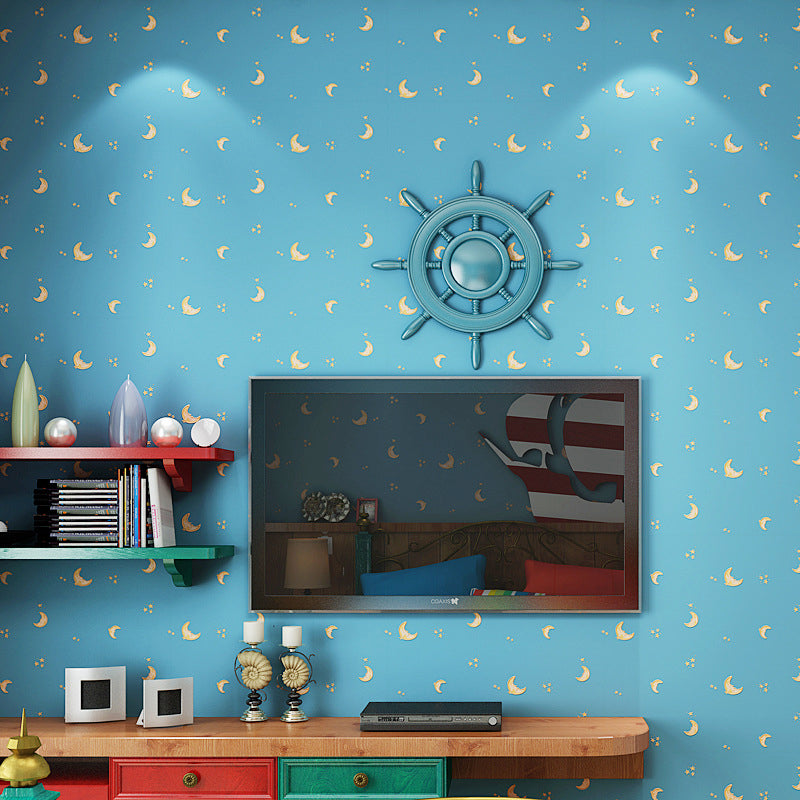 Natural Color Moon and Star 33-foot x 20.5-inch Non-Pasted Stain-Resistant Wallpaper for Children Ocean Blue Clearhalo 'Wall Decor' 'Wallpaper' 1806380