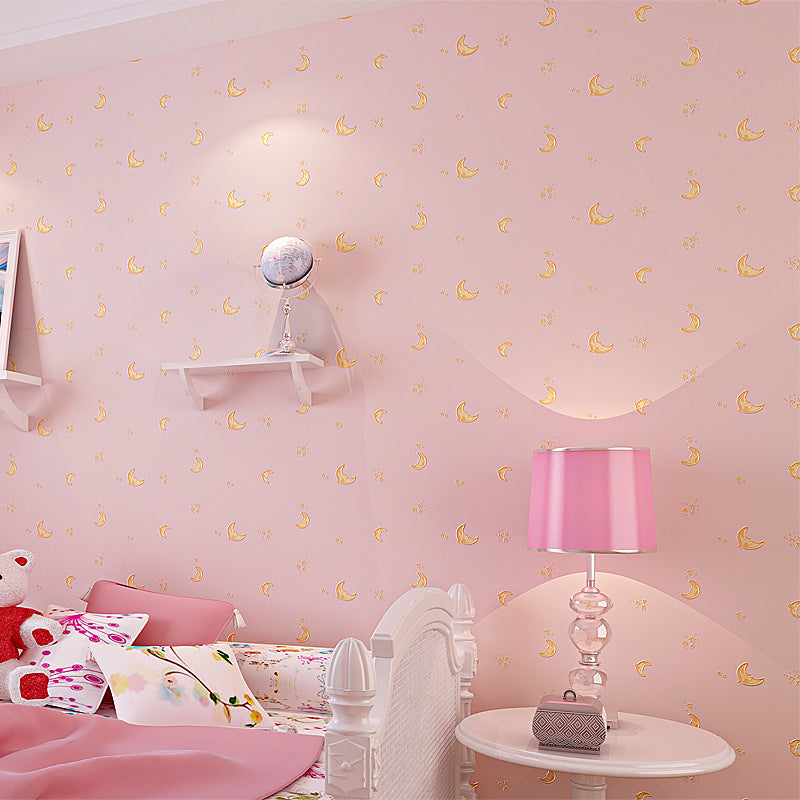 Natural Color Moon and Star 33-foot x 20.5-inch Non-Pasted Stain-Resistant Wallpaper for Children Pink Clearhalo 'Wall Decor' 'Wallpaper' 1806382